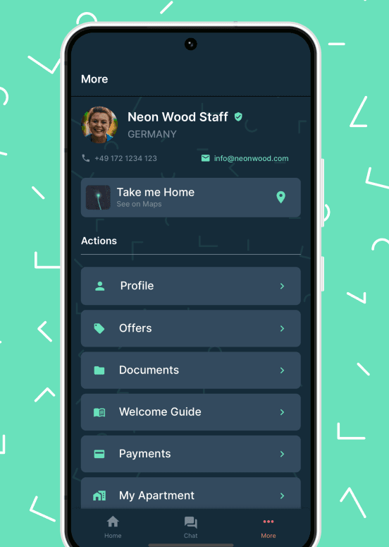 Neon Wood app – Startbildschirm mit Funktionen