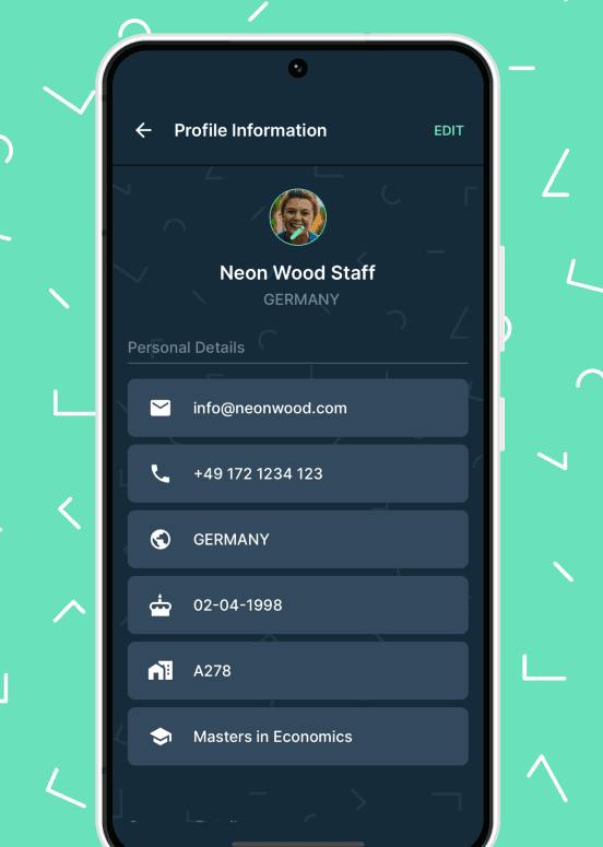 Neon Wood app – Profil und Einstellungen